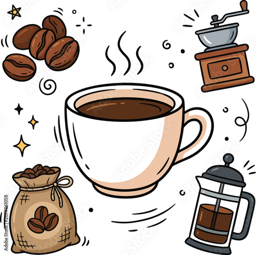 Coffee culture and brewing equipment doodle vector illustration set