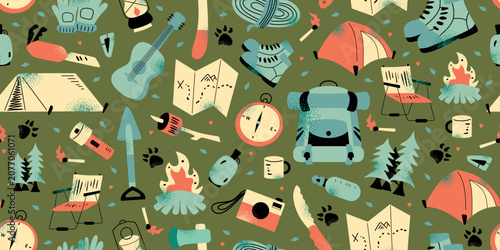 Camping and outdoor adventure seamless pattern. Retro vector illustration with tent, backpack, map, and campfire