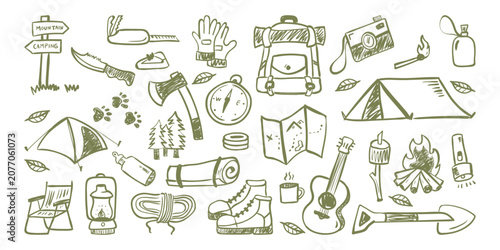 Camping icons hand drawn doodle set vector illustration with campfire, lantern, backpack gear. Hiking and tracking nature forest equipment concept