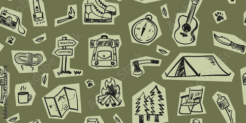 Doodle camping seamless pattern with hand drawn vector of illustration summer hiking background