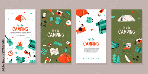 Camping and outdoor adventure vertical banner templates. Retro vector illustrations of hiking equipment, tent, and campfire