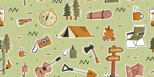 Seamless pattern of camping tent vector illustration with adventure equipment sticker in flat colorful hand drawn with texture