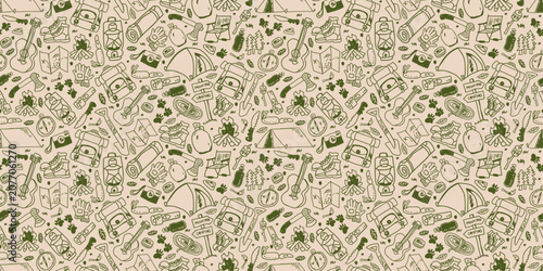 Hand drawn camping and outdoor adventure seamless pattern