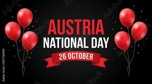 Celebration of National Day with Red Balloons and Banner on Dark Background