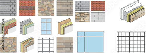Construction CAD material library, wall section details, brick stone textures and building assembly blocks for architectural drawings