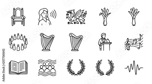 Obraz na płótnie Wales Icons: Welsh Dragon, Harp, Leeks, Throne, Speaking, Music, Laurel Wreath