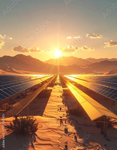 A serene desert landscape with solar panels at sunrise (1)