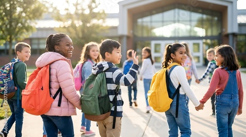 Diverse group of children with backpacks walking towards school building entrance