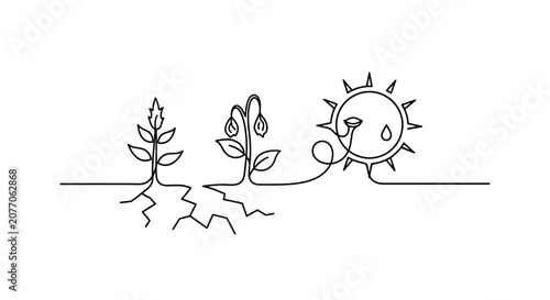 Tableau sur toile Drought to Growth: Plant Life Cycle, Sun Watering Dry Earth