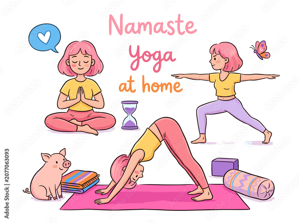 Obraz premium Cartoon Illustration of Young Woman Doing Daily Yoga Exercises and Meditation Practice for Wellness and Mindfulness at Home