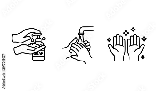 Cute rounded outline icons for hand washing routine and sparkling clean hands vector