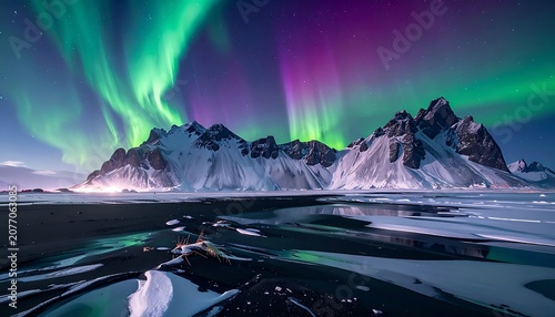 A serene landscape of snow-capped mountains under the aurora borealis (3)