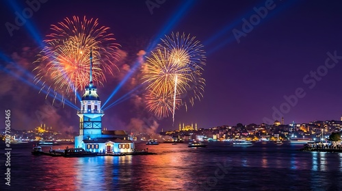 Nighttime Fireworks Display Over Waterfront Tower with Reflections and City Lights