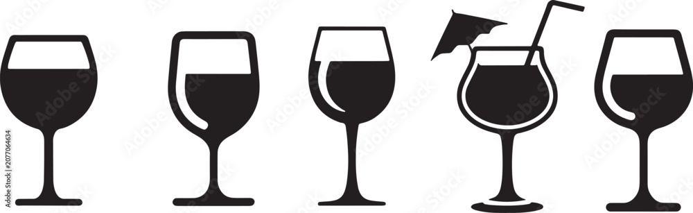 Fototapeta premium Wine glasses and cocktail drink icons silhouette set for bar menu beverage hospitality projects