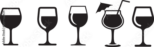 Wine glasses and cocktail drink icons silhouette set for bar menu beverage hospitality projects