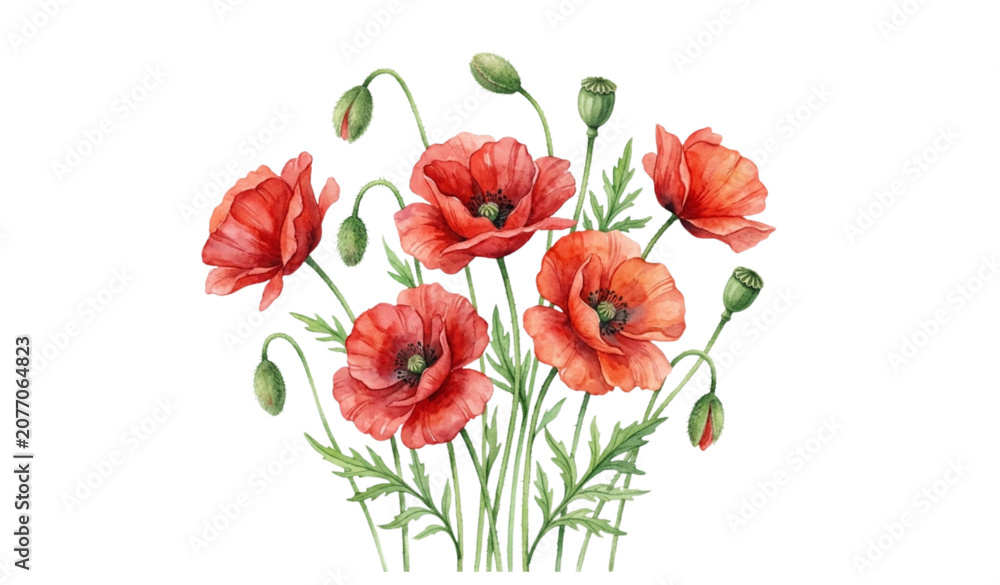 Fototapeta premium Botanical Red Poppy Watercolor Illustration