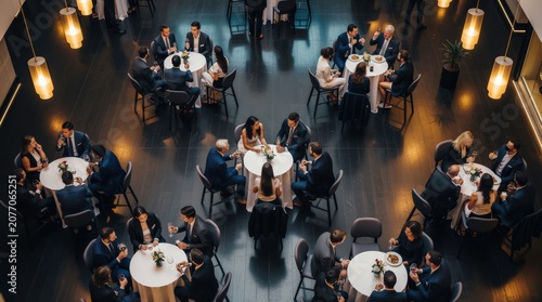 Overhead view of formally dressed people socializing and dining at round tables in a modern, elegant event space with warm lighting.