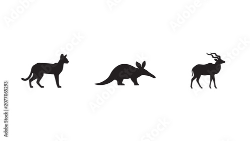 Wild Cat Aardvark Kudu Wildlife Silhouette Icon Set