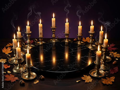 Cozy autumn atmosphere with candles and leaves on dark wood