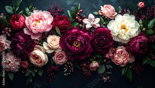 Elegant vintage floral arrangement featuring blooming roses and peonies on a dark background, rich botanical still life with romantic, timeless elegance.