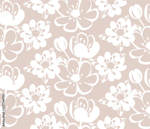 Scandinavian style floral seamless pattern. Minimalist retro flower silhouettes on nude beige background for modern textile, fabric print, mid-century wallpaper. Vector botanical backdrop.