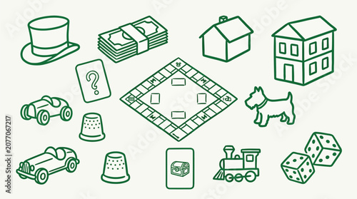 фотографія Collection of isometric line art icons representing elements from the classic board game Monopoly