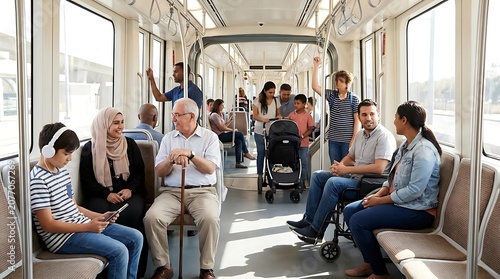 Diverse group of people commuting together on public transportation
