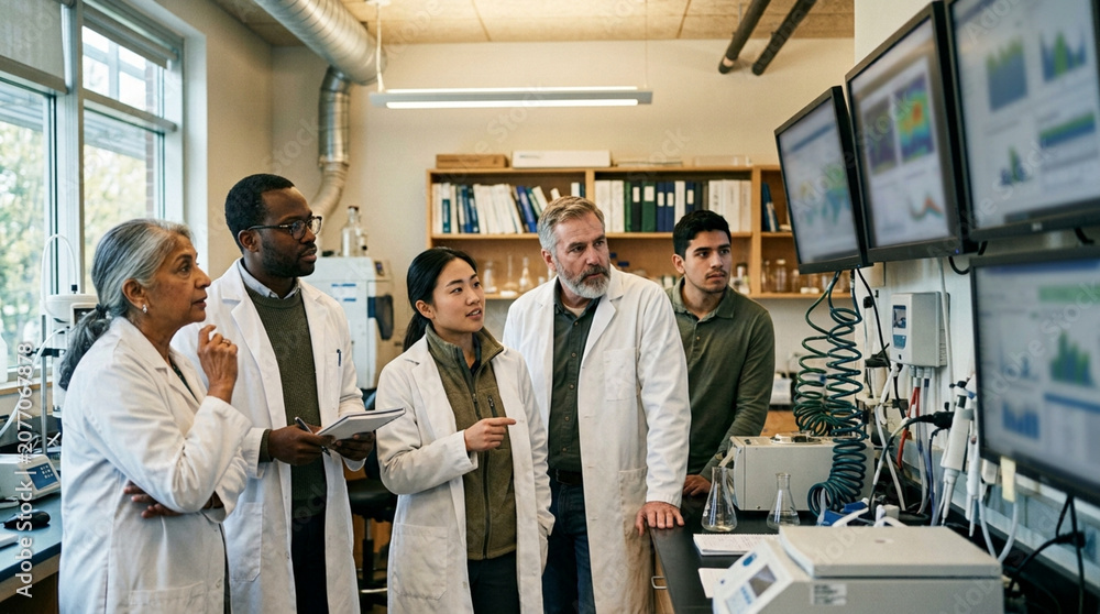 Naklejka premium People in lab coats examining screens in a laboratory setting closely together
