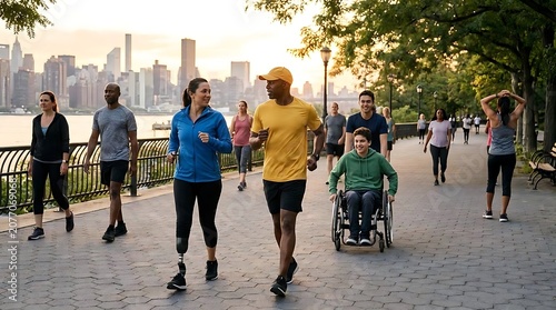 Diverse group of people exercising outdoors on a sunny day with cityscape background