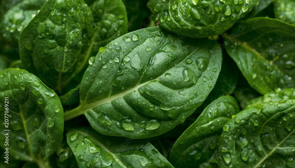 Obraz premium Fresh Organic Green Spinach Leaves With Sparkling Water Droplets Macro Close Up View for Healthy Nutritional Diet and Culinary Cooking Concepts