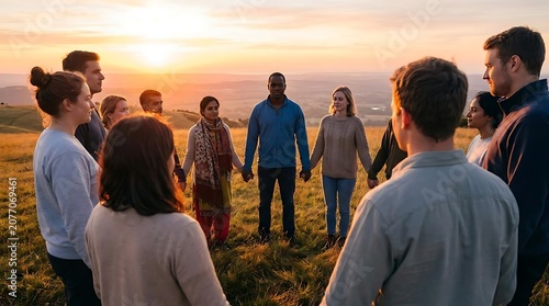 Diverse group of people holding hands in a circle outdoors at sunset