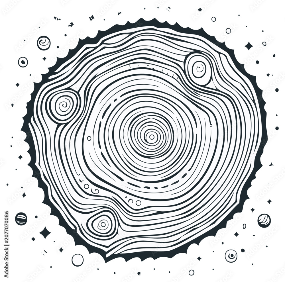 Fototapeta premium Whimsical hand drawn sun with radiating lines and planetary details in a simple outline style