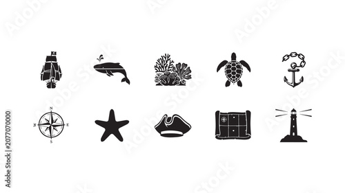Pirate Nautical Adventure Icon Set Ship Compass Treasure