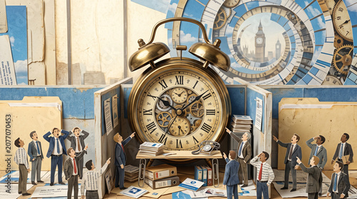 Miniature business people figures standing around a giant antique table clock with business