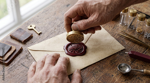 Person sealing a vintage letter with hot red wax and a brass seal stamp old fashioned letter writi