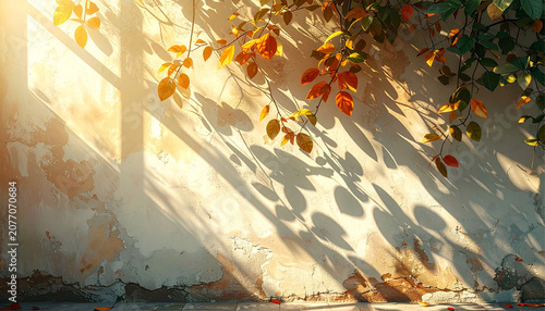 Shadow overlay effects of abstract natural tree leaves and sunlight on wall background