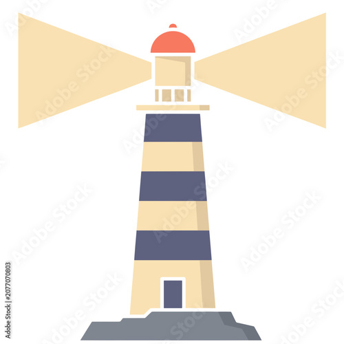 Flat vector illustration of a striped lighthouse with beacon