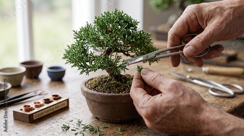 Artisan hands trimming a small bonsai tree with professional pruning shears gardening miniature