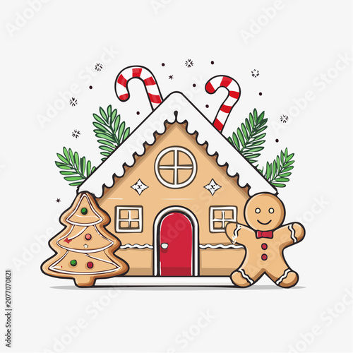 Gingerbread House with Gingerbread Man and Christmas Tree