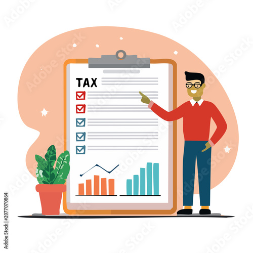 Man pointing at tax checklist on clipboard with charts