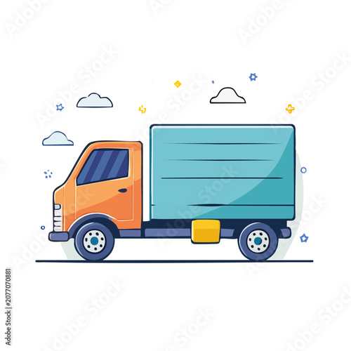 Orange and teal delivery truck flat vector illustration