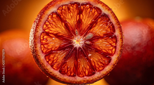 Macro shot of sliced fresh blood orange citrus fruit with nutrition refreshing close-up tropical