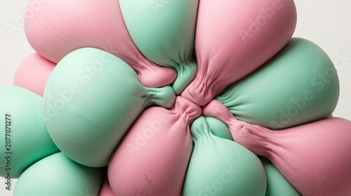 Macro view of pink and mint green stretched latex balloons tied together with balloons, stretched