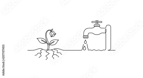 Fotografie Wilted Flower and Dripping Tap - Drought and Water Scarcity Concept