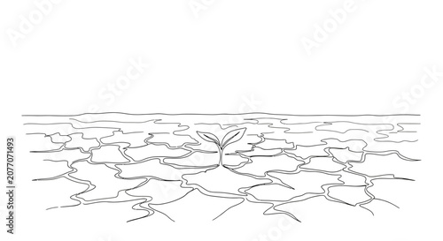 Tableau sur toile Lone Sprout Emerging from Cracked Dry Earth, Symbolizing Hope and Resilience
