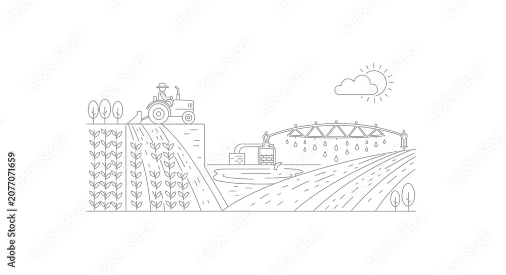Fototapeta premium Modern Farming: Tractor Tilling Field, Irrigation System Watering Crops Under Sunny Sky