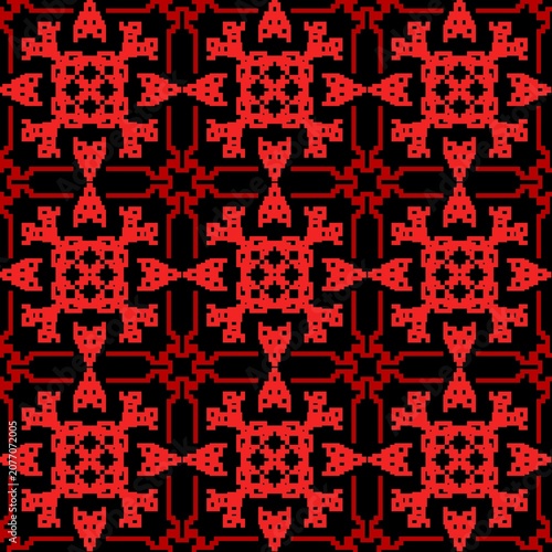 Red and Black Gothic Tribal Geometric Pixel Art Seamless Pattern
