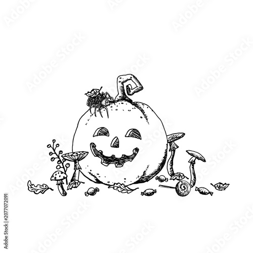 Vector black and white graphic illustration in EPS format. This hand drawn ink drawing of a Halloween pumpkin in a simple, childish style. Monochrome scratches for holiday invitations and posters.