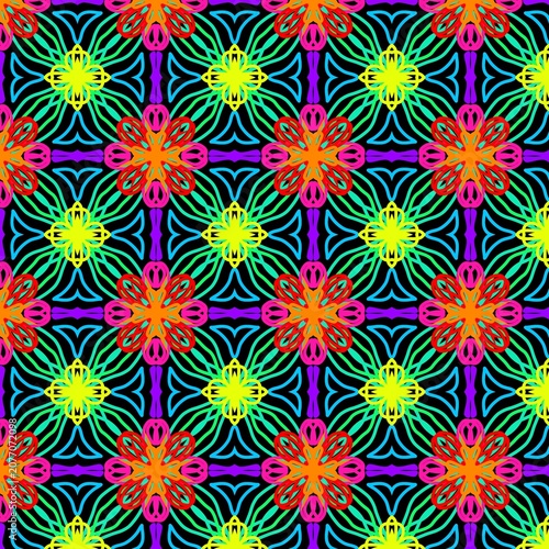 Neon Psychedelic Mandala Seamless Pattern on Black Background