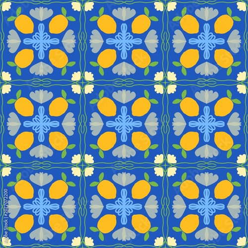 Vibrant Mediterranean seamless pattern featuring yellow lemons, light blue floral motifs, and grey leaves arranged in a traditional majolica tile design on a bright blue background. Perfect for summer